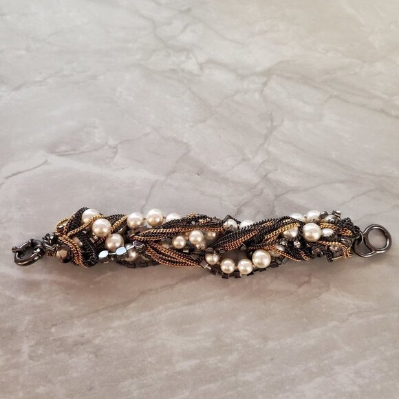 ✨ Vintage J.Crew Pearl Chain Twisted Rhinestones Crystals Statement Bracelet ✨ - Picture 6 of 12